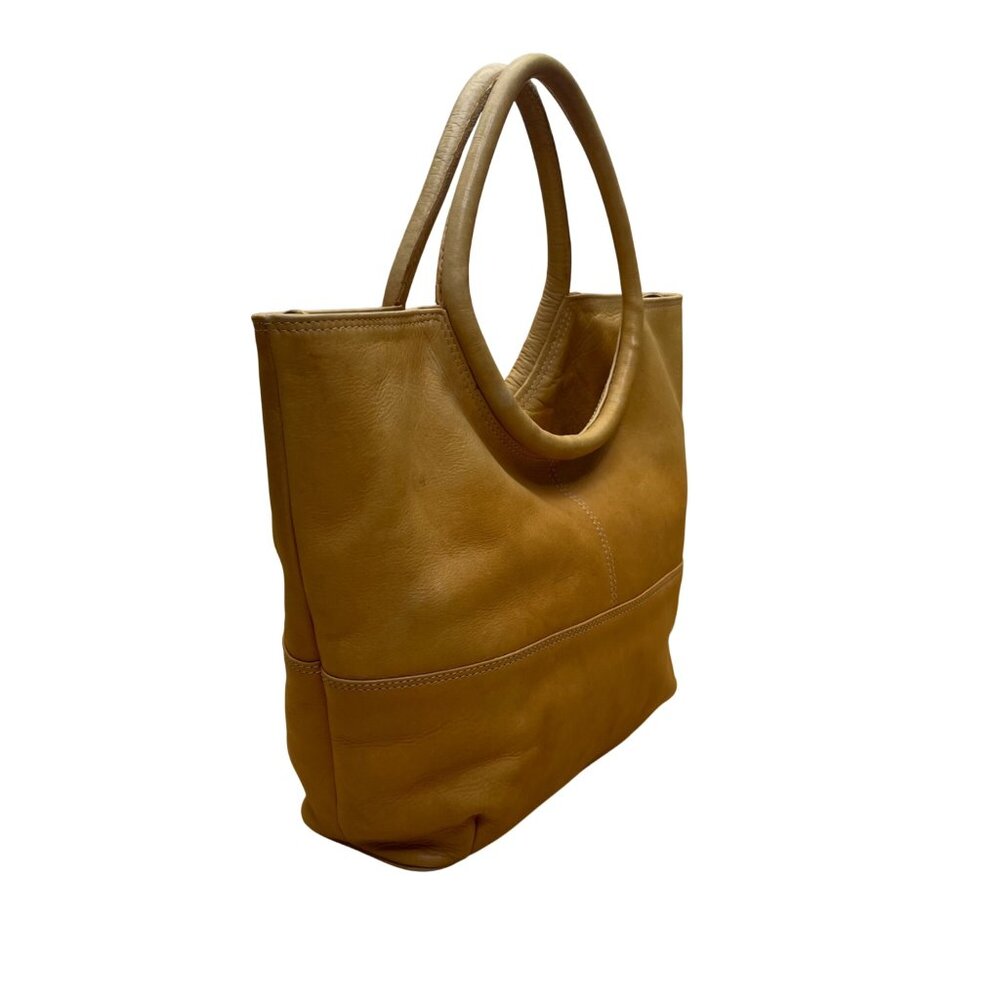 Chaos Tan Leather Crossbody Strap Circular Handles & Snap Closure Tote Bag - Picture 4 of 10